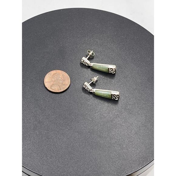 SU Sterling Silver Filigree Chinese Rectangular Jadeite Dangle Drop Earrings - Picture 7 of 8